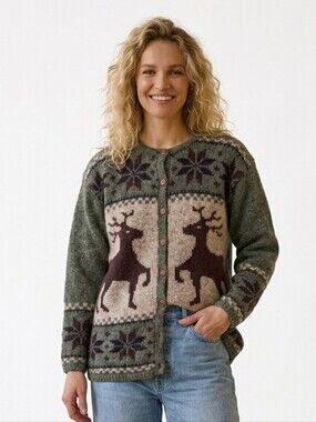 Vintage Deer Snowflakes Cowichan sweater cardigan earthy tones small B3